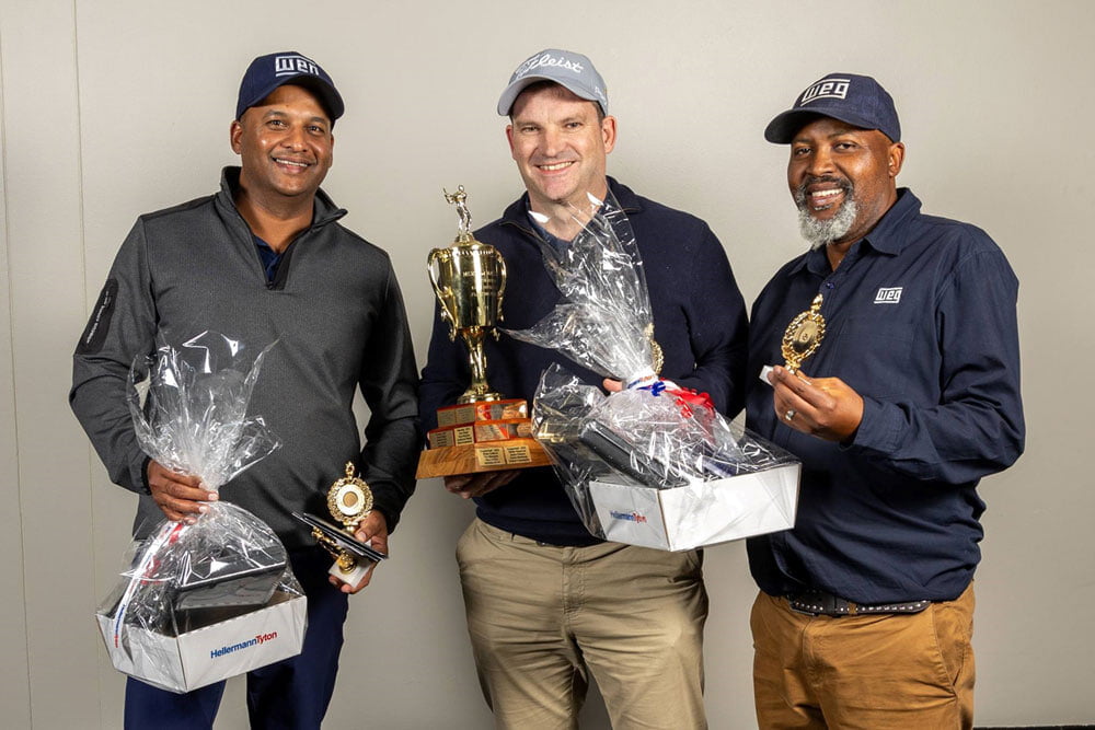 The winning fourball team at the AMEU Affiliates Golf Day 2024 was the team from WEG Africa consisting of Dillon Govender; Gareth Stanford; Rynard Potgieter and Andrew Halloway.